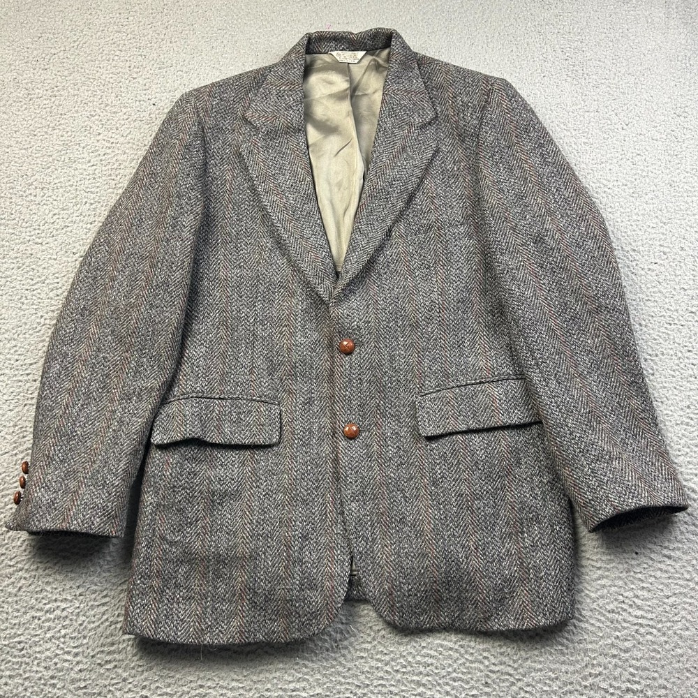 Vintage Harris Tweed Blazer Mens 40R Handwoven Wool Herringbone Sport Coat Gray
